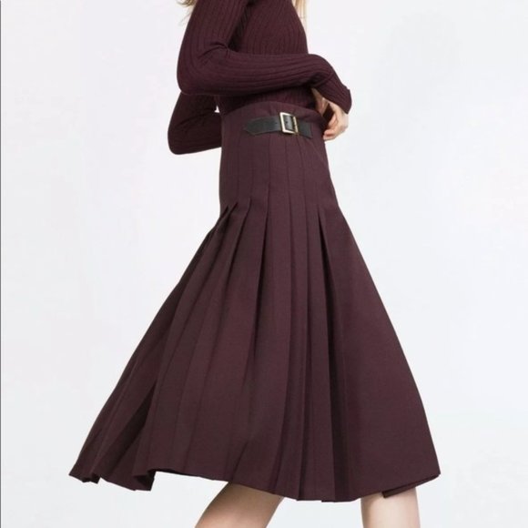 ZARA STUDIO Midi Box Pleated Skirt Burgandy - Picture 1 of 8